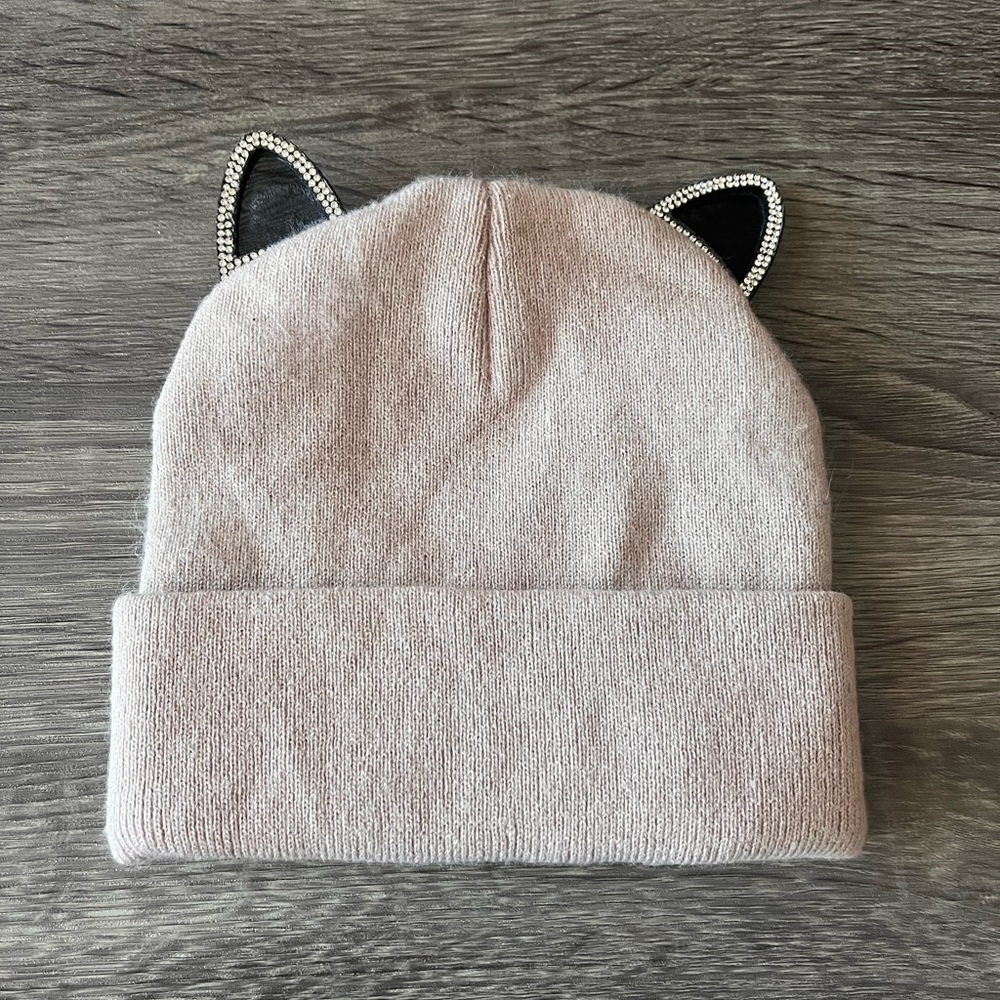 Rhinestone Cat Ear beanie - tan with black sparkly ears